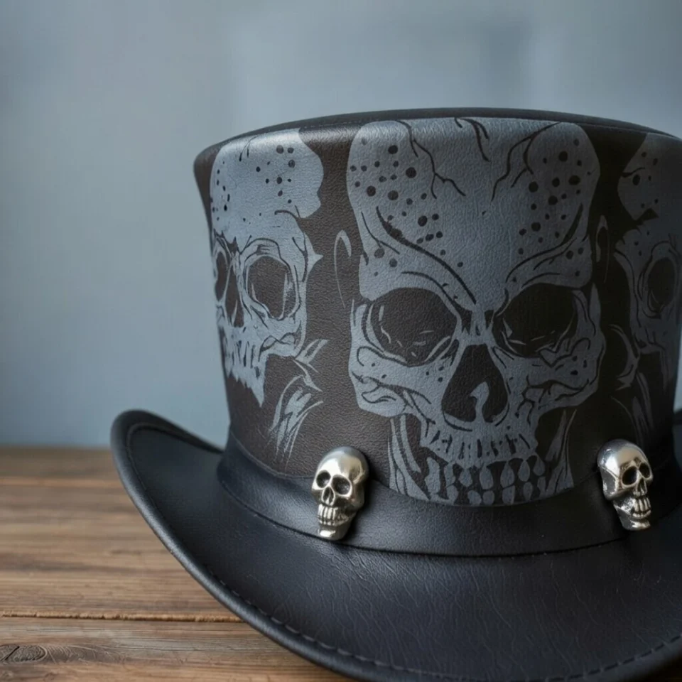 Dark Neutral Handmade Leather Gothic Top Hat Style 040 three quarter view - dark neutral gothic top hat with structured crown