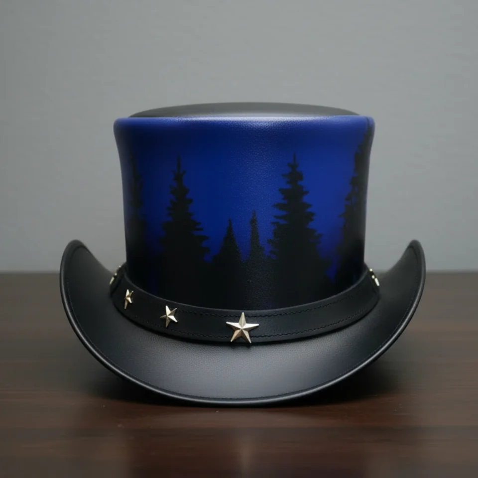 Dark Neutral Handmade Leather Gothic Top Hat Style 046 side view - dark neutral gothic top hat with structured crown