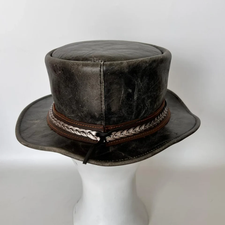 Dark Neutral Handmade Leather Gothic Top Hat Style 085 back view - dark neutral gothic top hat with structured crown