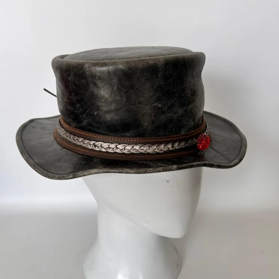 Dark Neutral Handmade Leather Gothic Top Hat Style 085 gallery view 05 - dark neutral gothic top hat with structured crown