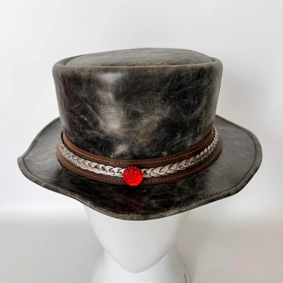 Dark Neutral Handmade Leather Gothic Top Hat Style 085 gallery view 07 - dark neutral gothic top hat with structured crown