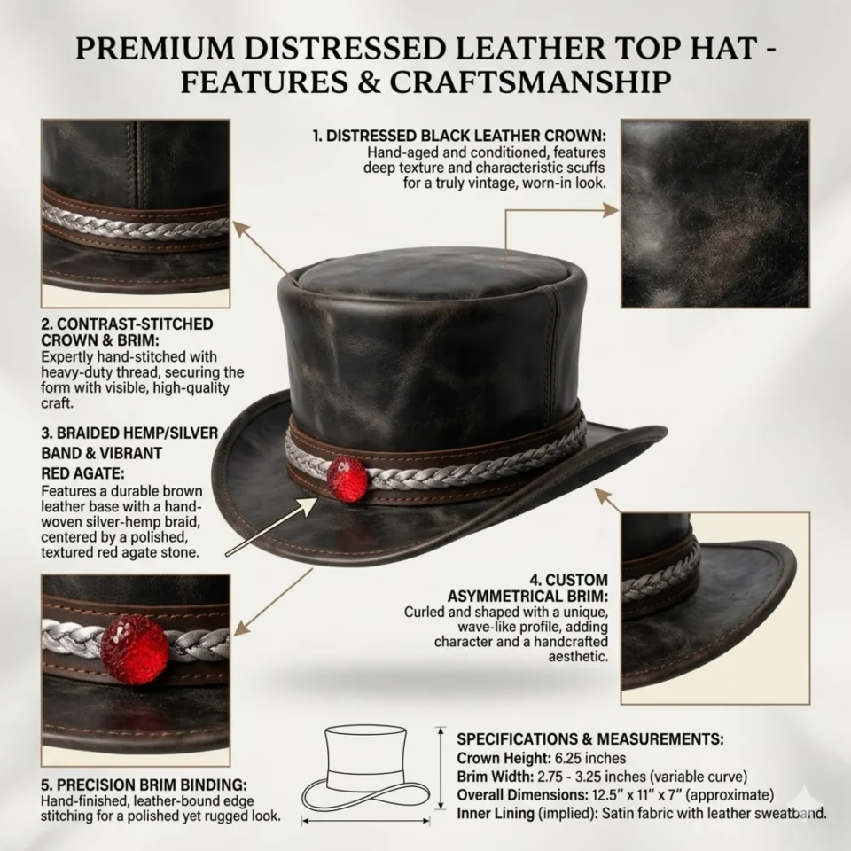 Dark Neutral Handmade Leather Gothic Top Hat Style 085 three quarter view - dark neutral gothic top hat with structured crown