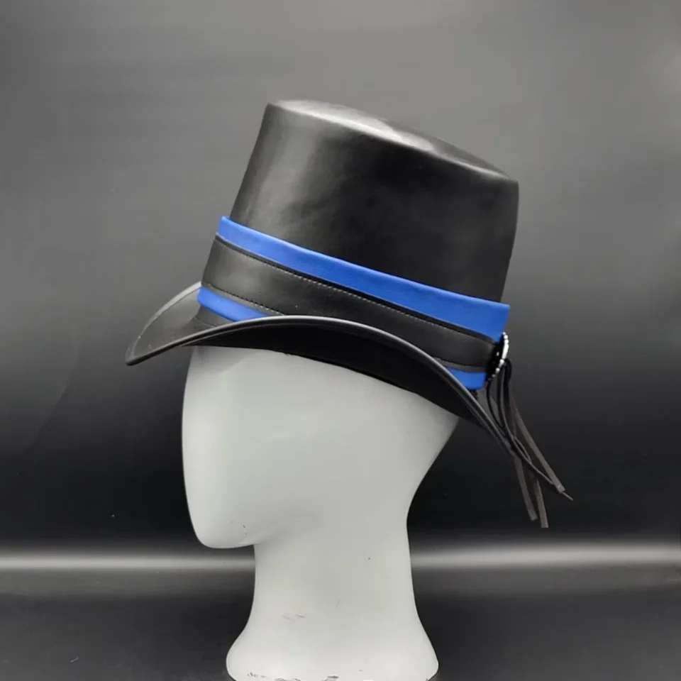 Dark Neutral Handmade Leather Gothic Top Hat Style 175 back view - dark neutral gothic top hat with structured crown