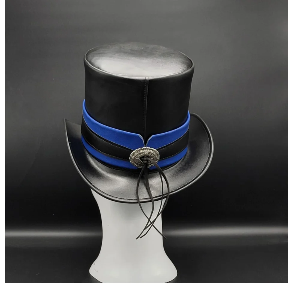 Dark Neutral Handmade Leather Gothic Top Hat Style 175 detail view - dark neutral gothic top hat with structured crown