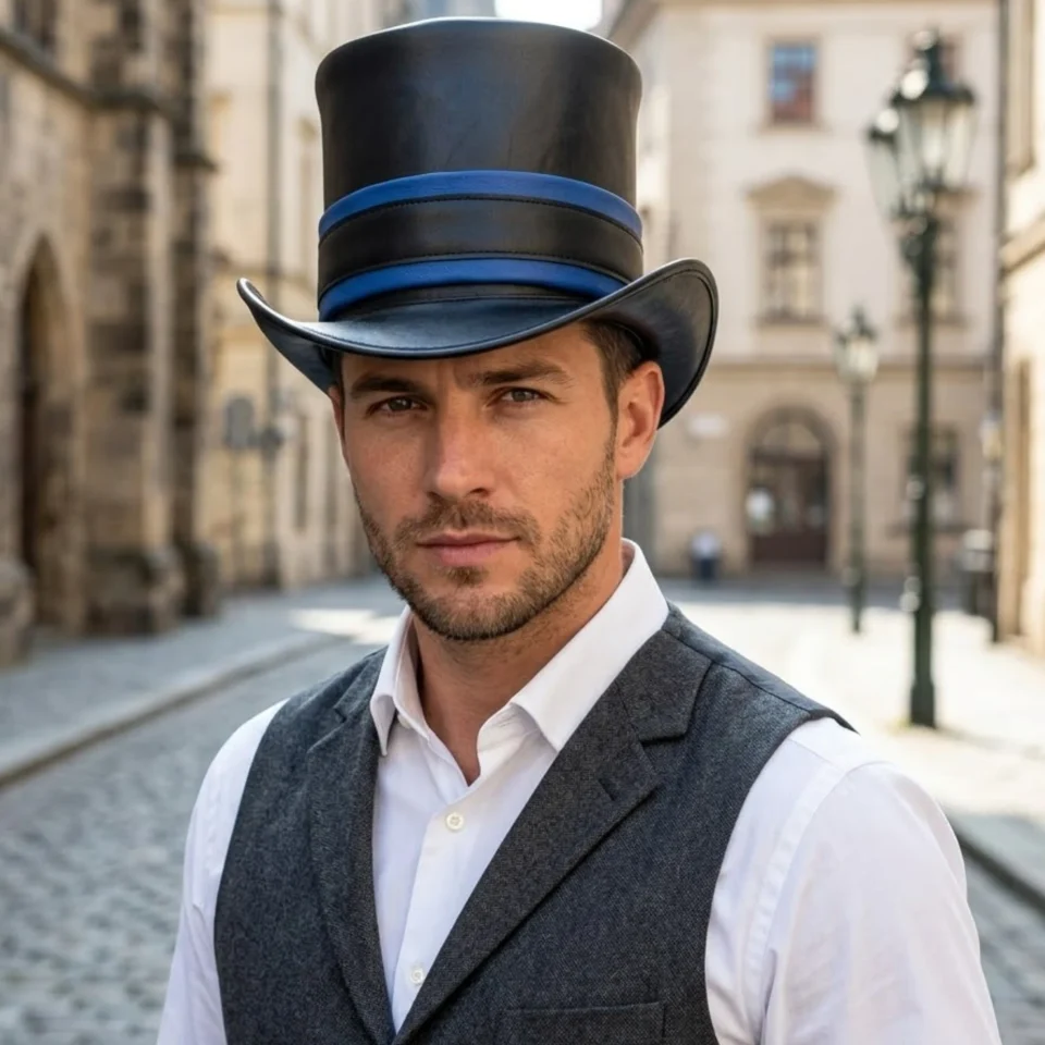 Dark Neutral Handmade Leather Gothic Top Hat Style 175 front view - dark neutral gothic top hat with structured crown