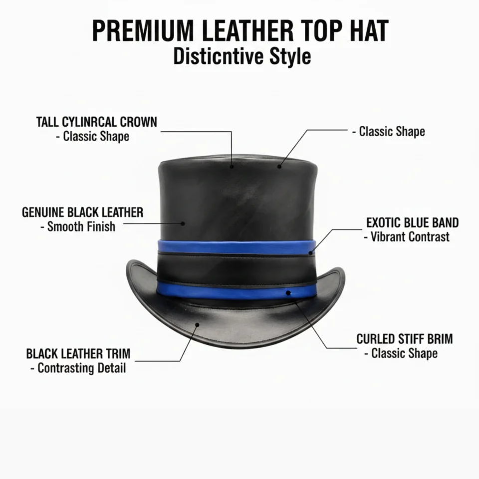 Dark Neutral Handmade Leather Gothic Top Hat Style 175 three quarter view - dark neutral gothic top hat with structured crown