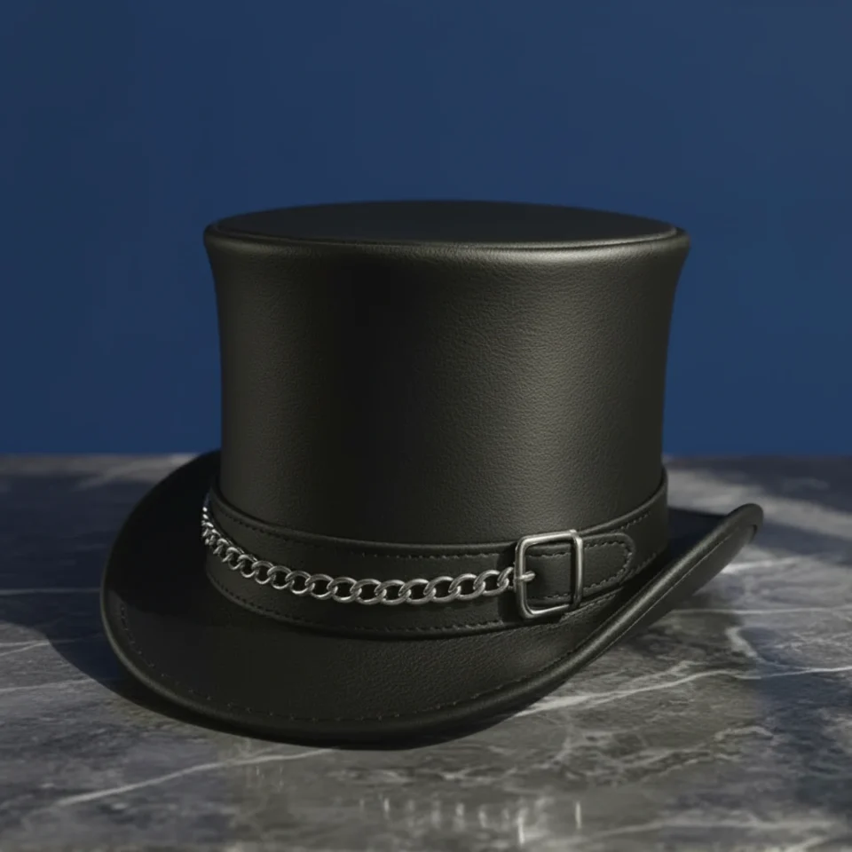 Dark Neutral Handmade Leather Steampunk Top Hat Style 059 front view - dark neutral steampunk top hat with structured crown