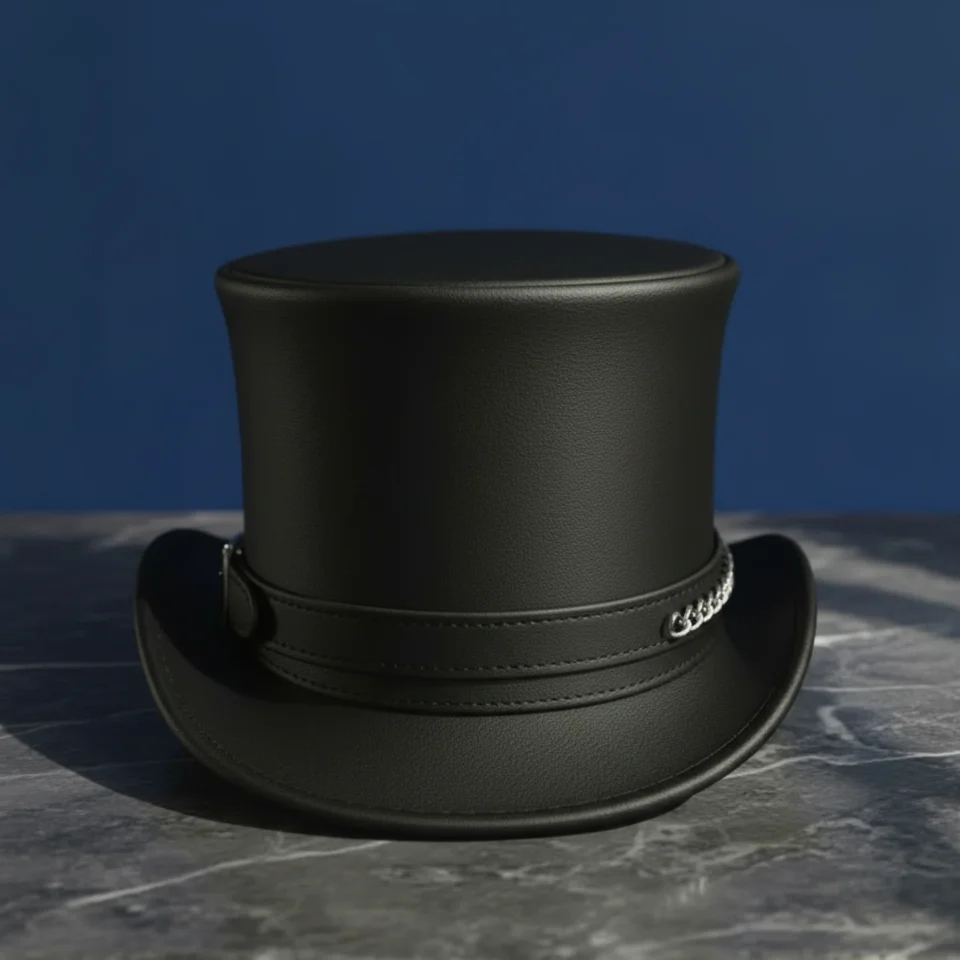 Dark Neutral Handmade Leather Steampunk Top Hat Style 059 side view - dark neutral steampunk top hat with structured crown