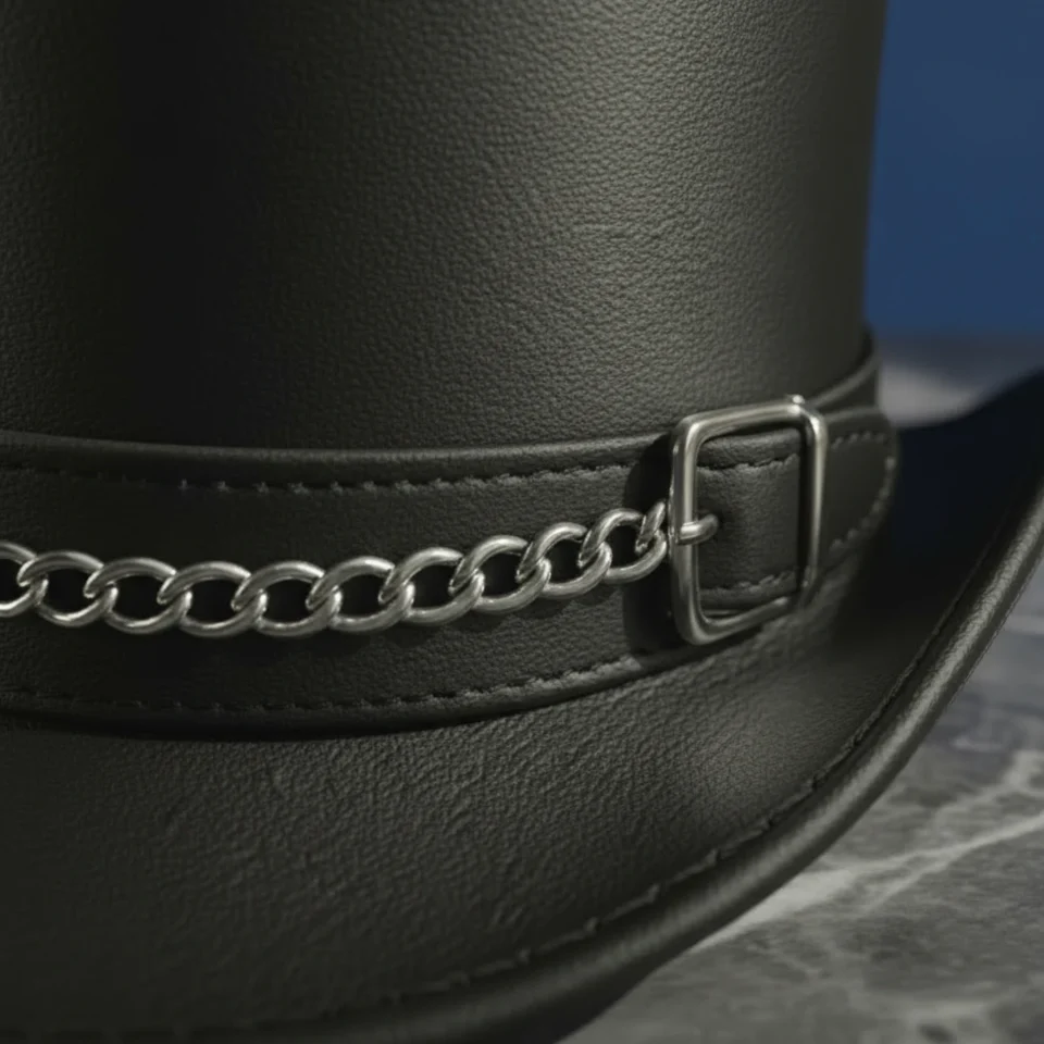 Dark Neutral Handmade Leather Steampunk Top Hat Style 059 three quarter view - dark neutral steampunk top hat with structured crown