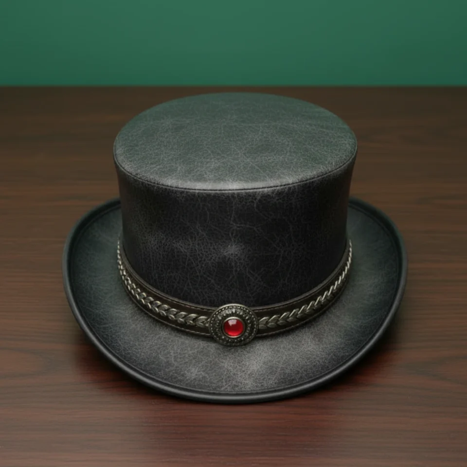 Green Handmade Leather Statement Top Hat Style 057 back view - green steampunk top hat with structured crown