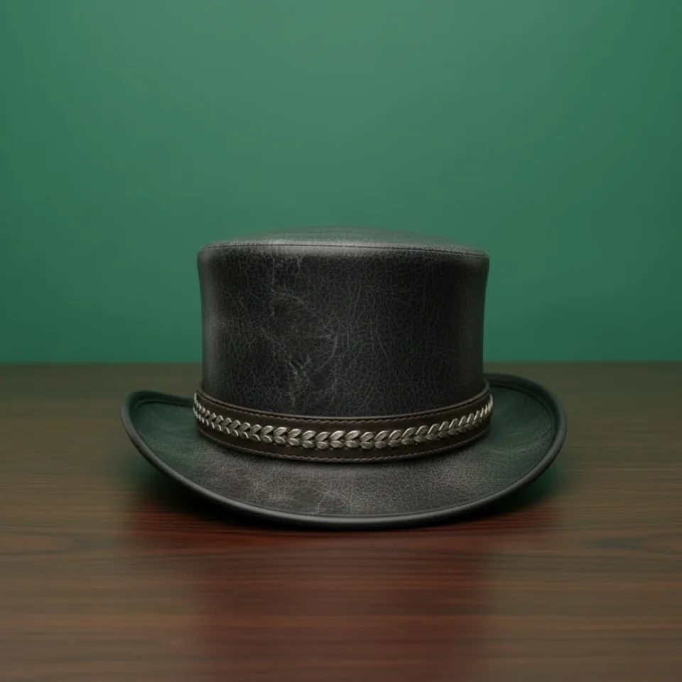 Green Handmade Leather Statement Top Hat Style 057 detail view - green steampunk top hat with structured crown