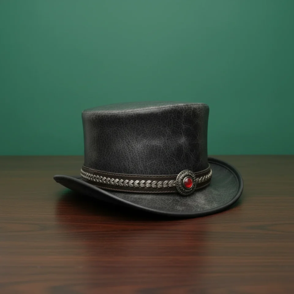 Green Handmade Leather Statement Top Hat Style 057 front view - green steampunk top hat with structured crown