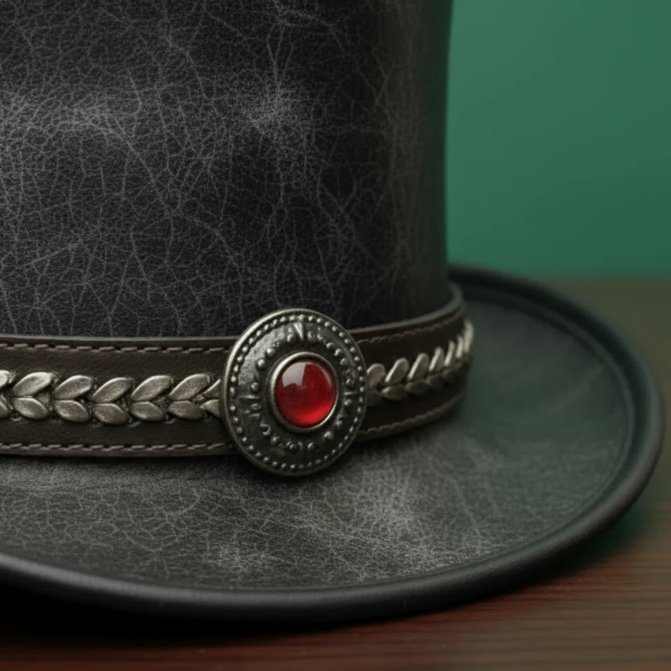 Green Handmade Leather Statement Top Hat Style 057 side view - green steampunk top hat with structured crown