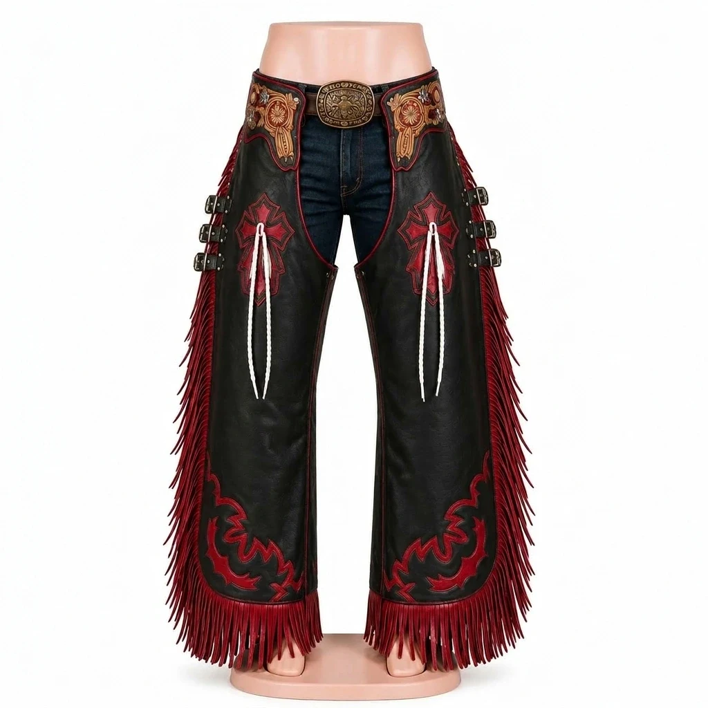Tooling Leather Chaps – Leather Chaps, Red Fringe Black Tooled Western Riding Wear