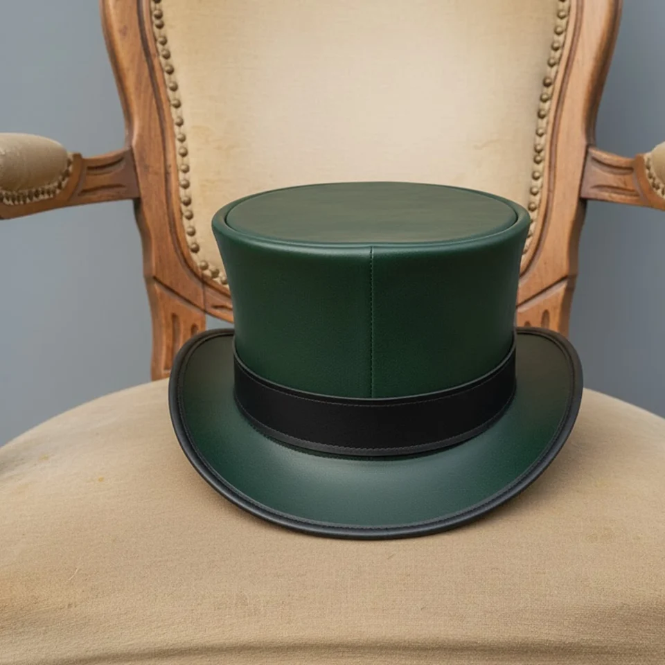Light Neutral Handmade Leather Costume Top Hat Style 002 back view - light neutral costume top hat with structured crown