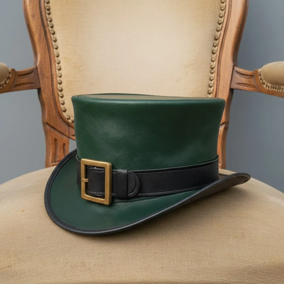 Light Neutral Handmade Leather Costume Top Hat Style 002 detail view - light neutral costume top hat with structured crown