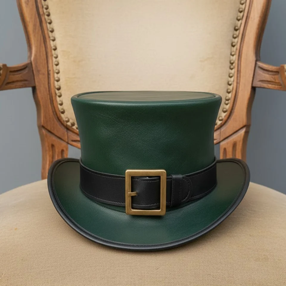 Light Neutral Handmade Leather Costume Top Hat Style 002 front view - light neutral costume top hat with structured crown