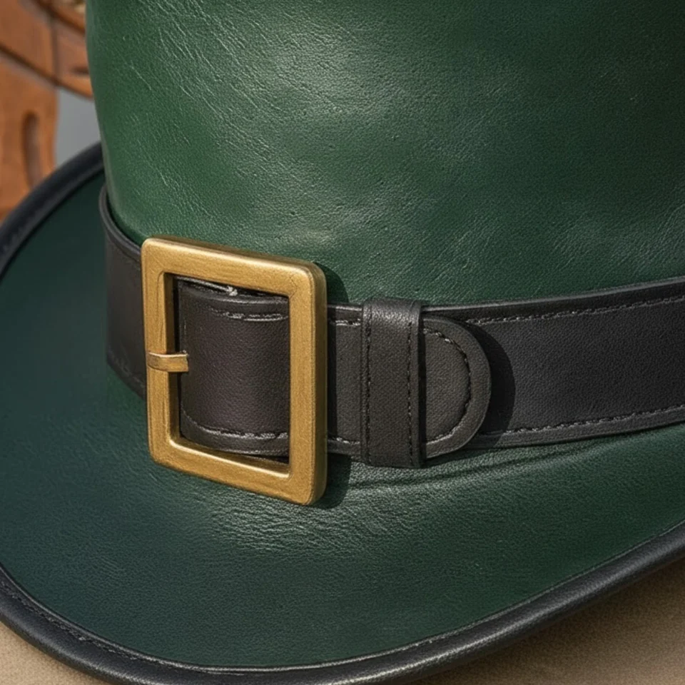 Light Neutral Handmade Leather Costume Top Hat Style 002 three quarter view - light neutral costume top hat with structured crown