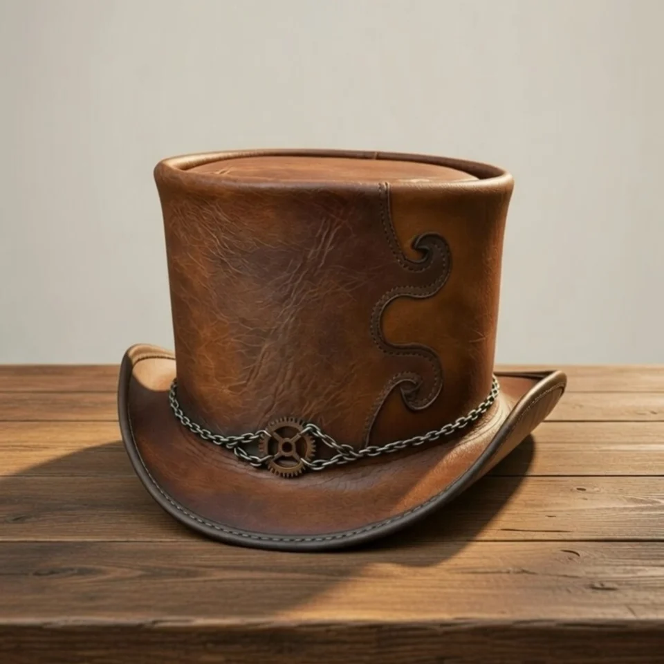 Light Neutral Handmade Leather Costume Top Hat Style 014 front view - light neutral costume top hat with structured crown