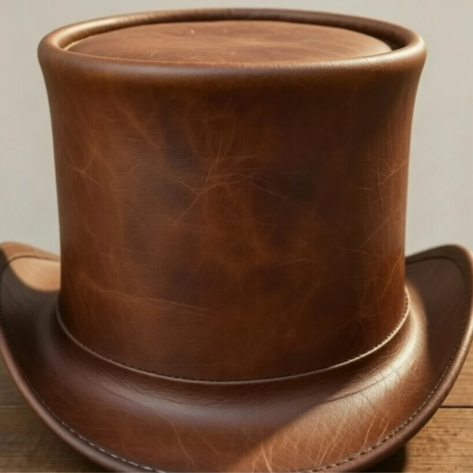 Light Neutral Handmade Leather Costume Top Hat Style 014 side view - light neutral costume top hat with structured crown