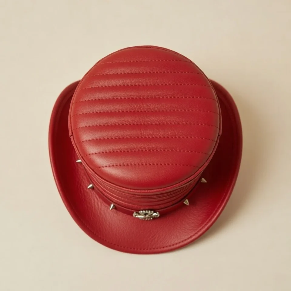 Light Neutral Handmade Leather Costume Top Hat Style 017 back view - light neutral costume top hat with structured crown