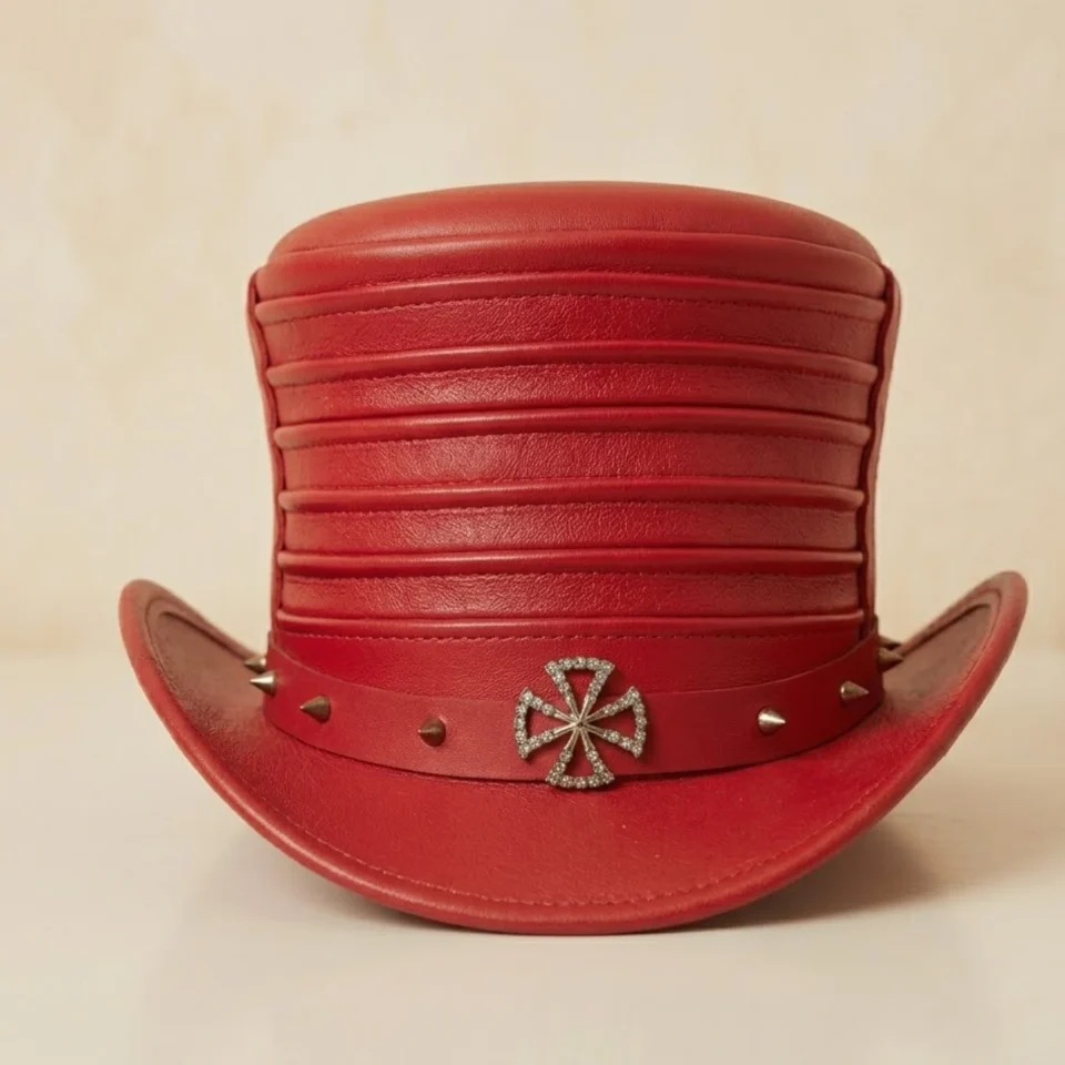 Light Neutral Handmade Leather Costume Top Hat Style 017 front view - light neutral costume top hat with structured crown