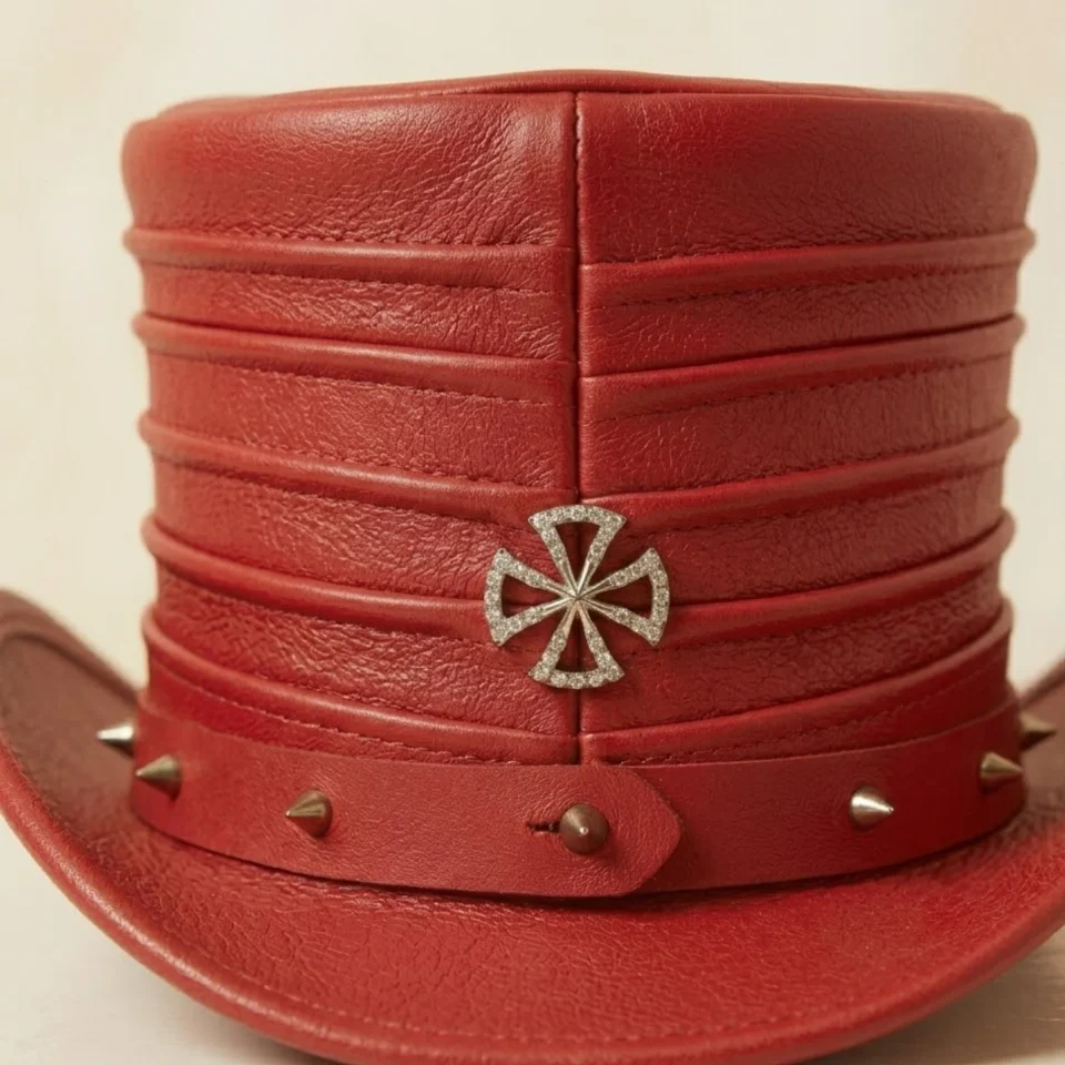 Light Neutral Handmade Leather Costume Top Hat Style 017 side view - light neutral costume top hat with structured crown