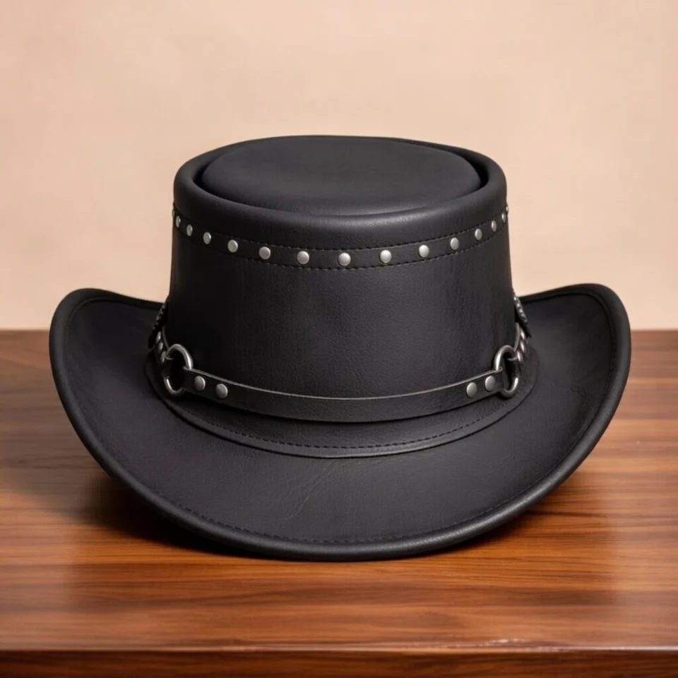 Light Neutral Handmade Leather Costume Top Hat Style 023 back view - light neutral costume top hat with structured crown