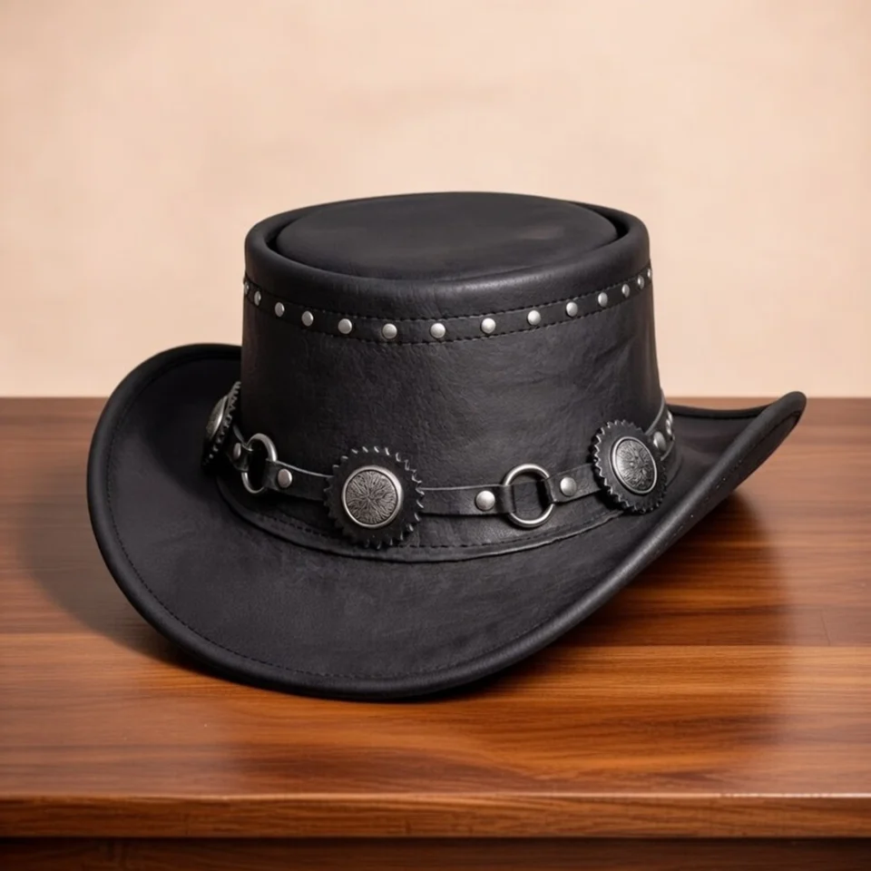 Light Neutral Handmade Leather Costume Top Hat Style 023 front view - light neutral costume top hat with structured crown