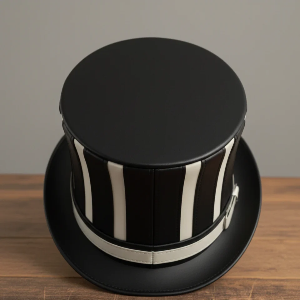 Light Neutral Handmade Leather Costume Top Hat Style 026 back view - light neutral costume top hat with structured crown
