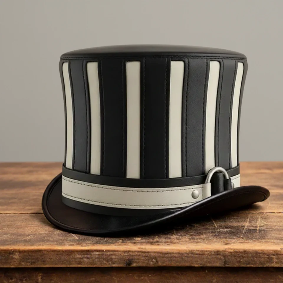 Light Neutral Handmade Leather Costume Top Hat Style 026 front view - light neutral costume top hat with structured crown