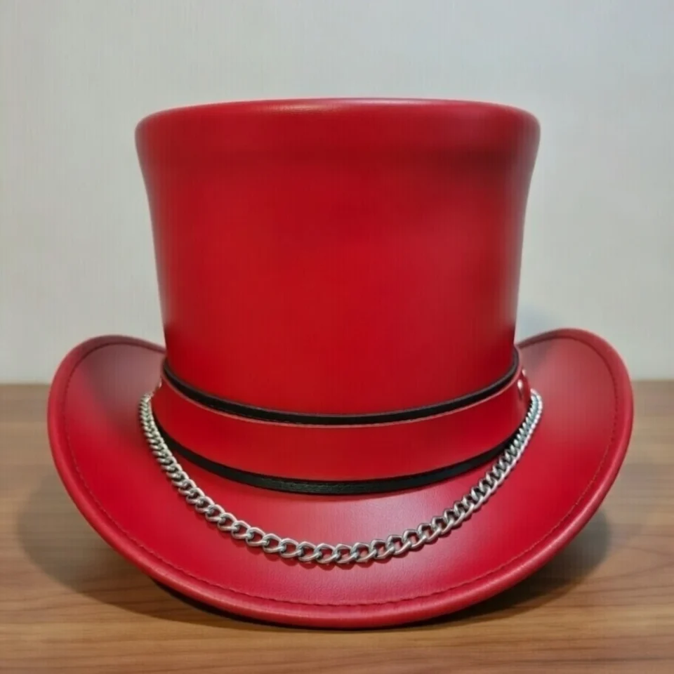 Light Neutral Handmade Leather Costume Top Hat Style 032 back view - light neutral costume top hat with structured crown