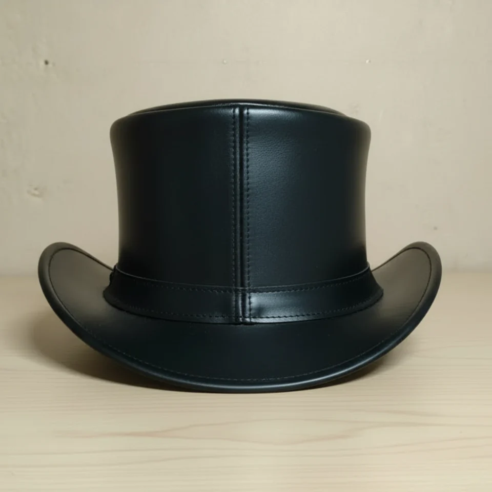 Light Neutral Handmade Leather Costume Top Hat Style 047 side view - light neutral costume top hat with structured crown