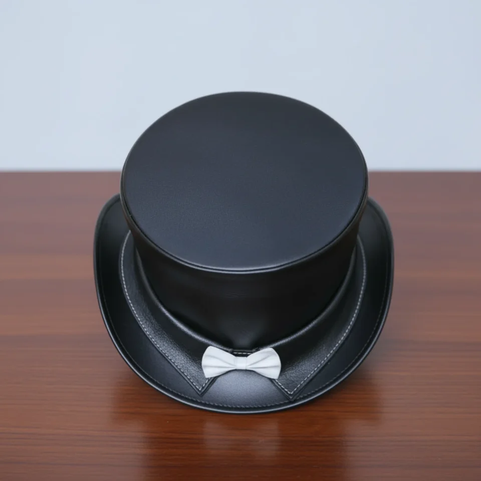 Light Neutral Handmade Leather Costume Top Hat Style 050 back view - light neutral costume top hat with structured crown