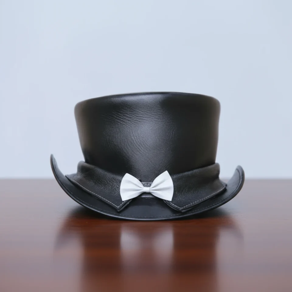 Light Neutral Handmade Leather Costume Top Hat Style 050 front view - light neutral costume top hat with structured crown