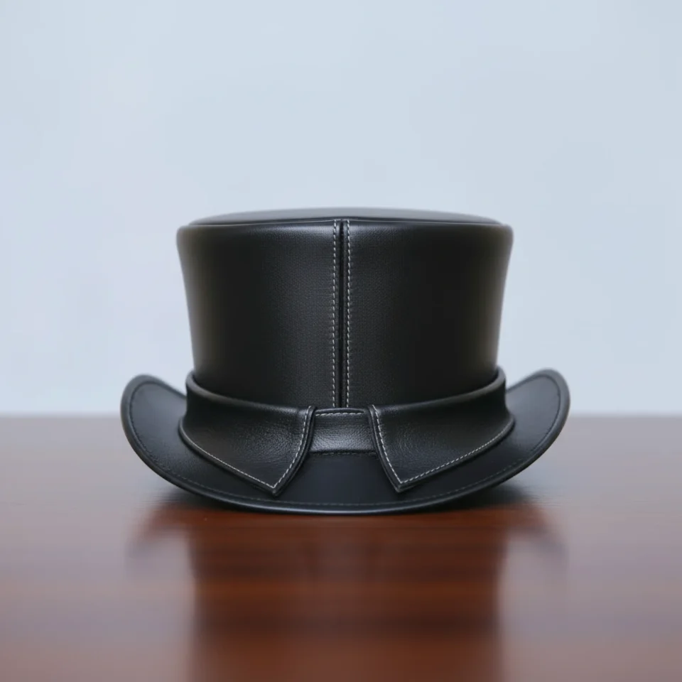 Light Neutral Handmade Leather Costume Top Hat Style 050 side view - light neutral costume top hat with structured crown
