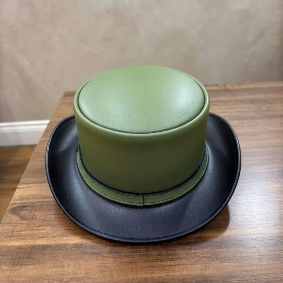 Light Neutral Handmade Leather Costume Top Hat Style 053 side view - light neutral costume top hat with structured crown