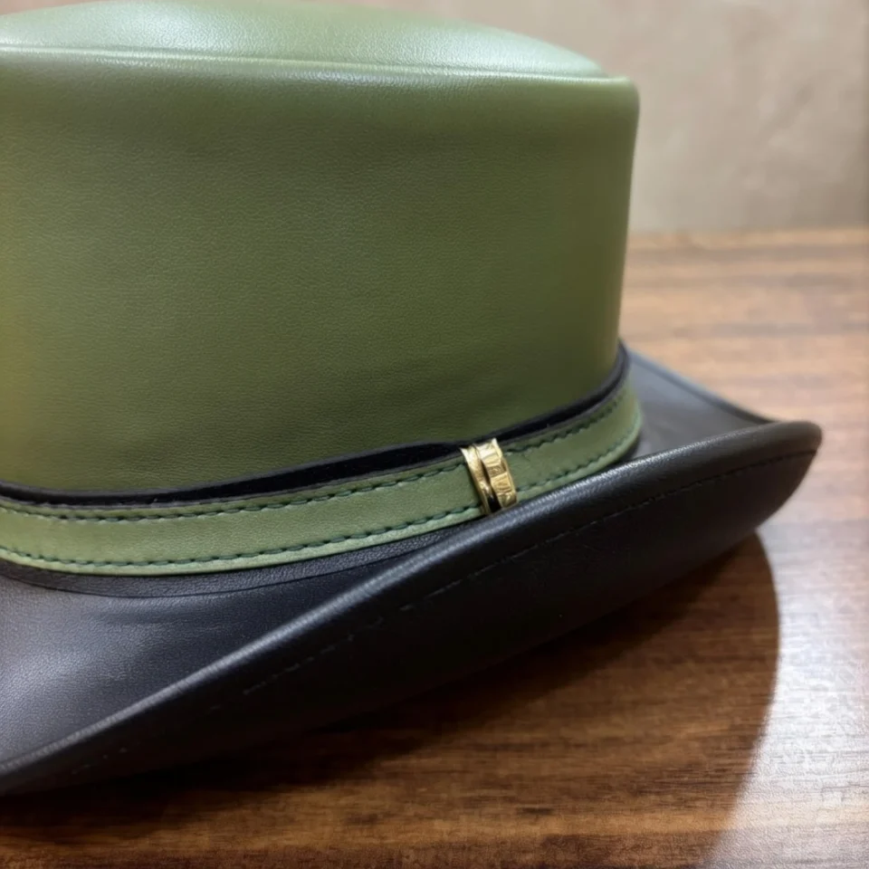 Light Neutral Handmade Leather Costume Top Hat Style 053 three quarter view - light neutral costume top hat with structured crown