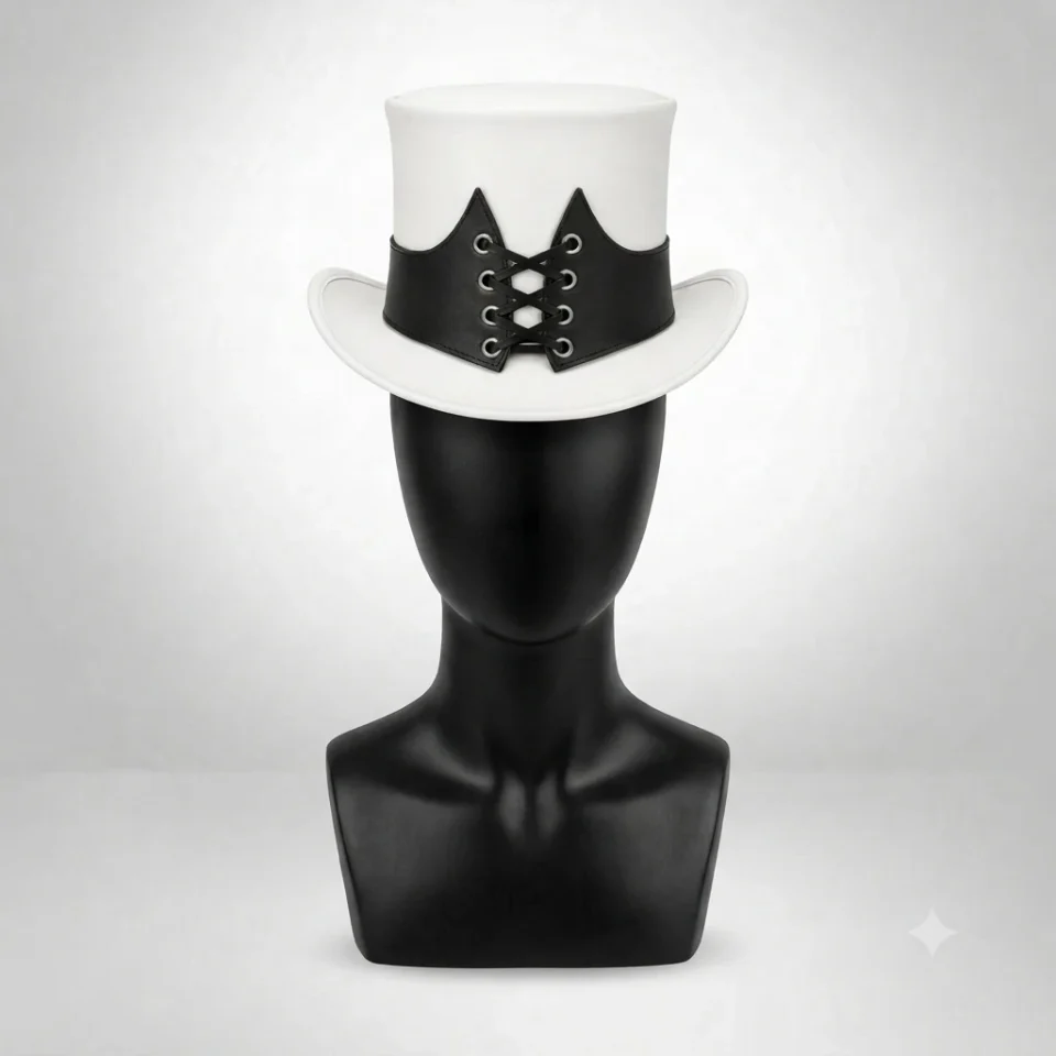 Light Neutral Handmade Leather Costume Top Hat Style 065 back view - light neutral costume top hat with structured crown