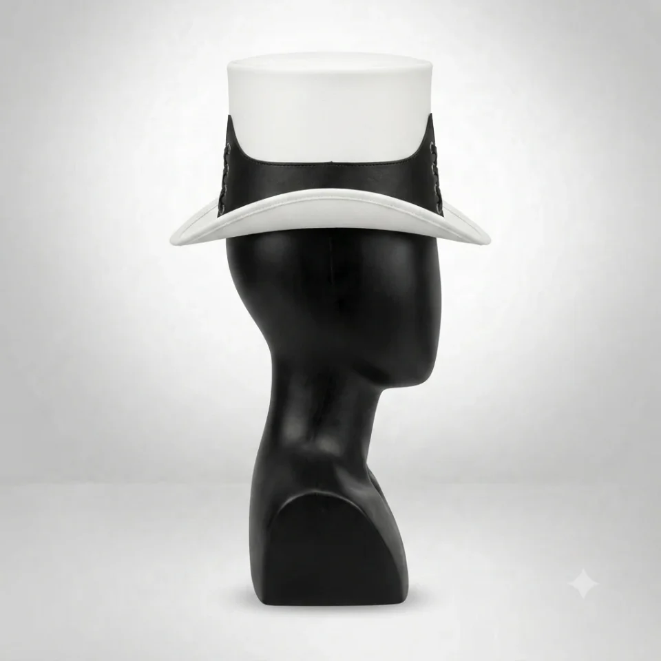Light Neutral Handmade Leather Costume Top Hat Style 065 detail view - light neutral costume top hat with structured crown