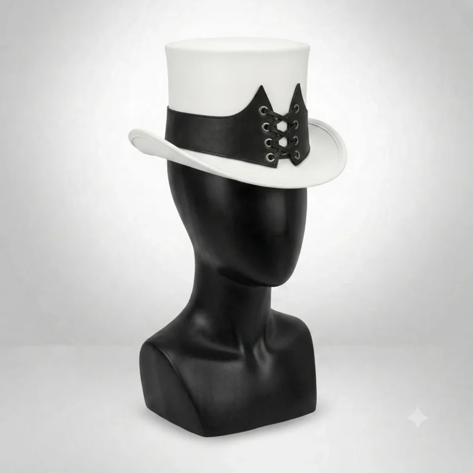 Light Neutral Handmade Leather Costume Top Hat Style 065 front view - light neutral costume top hat with structured crown