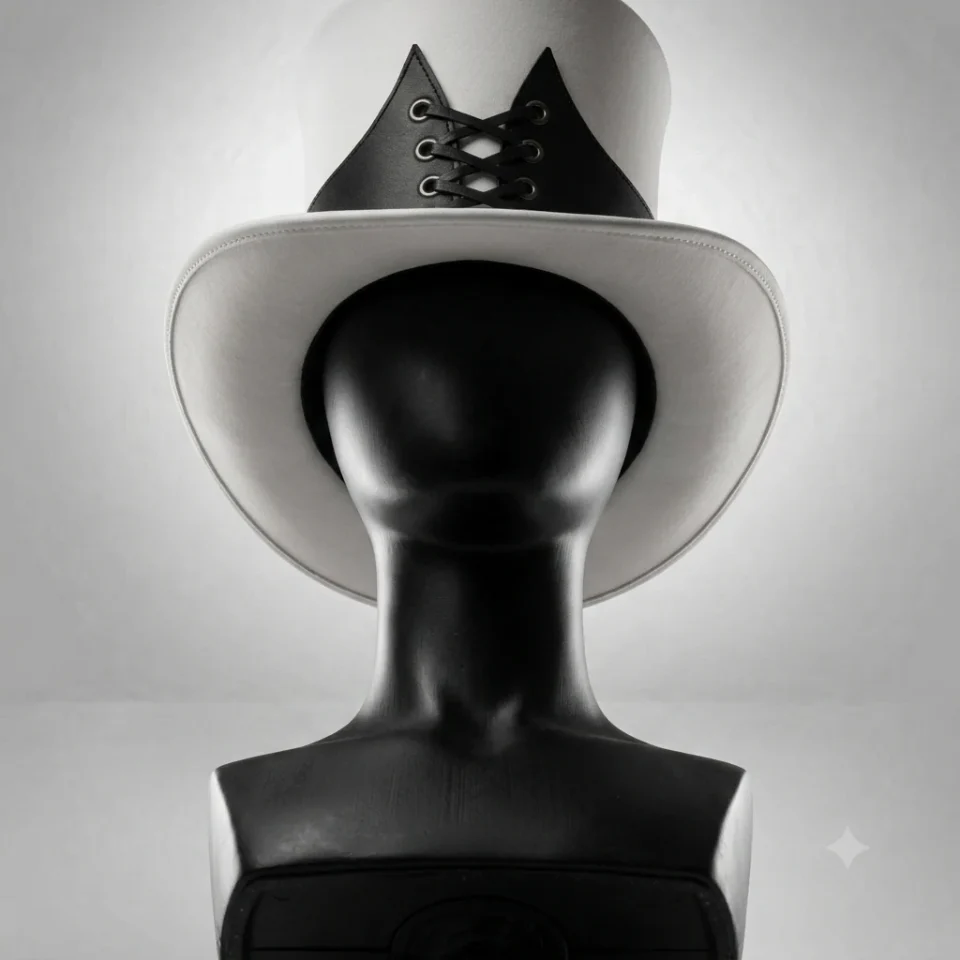 Light Neutral Handmade Leather Costume Top Hat Style 065 gallery view 05 - light neutral costume top hat with structured crown
