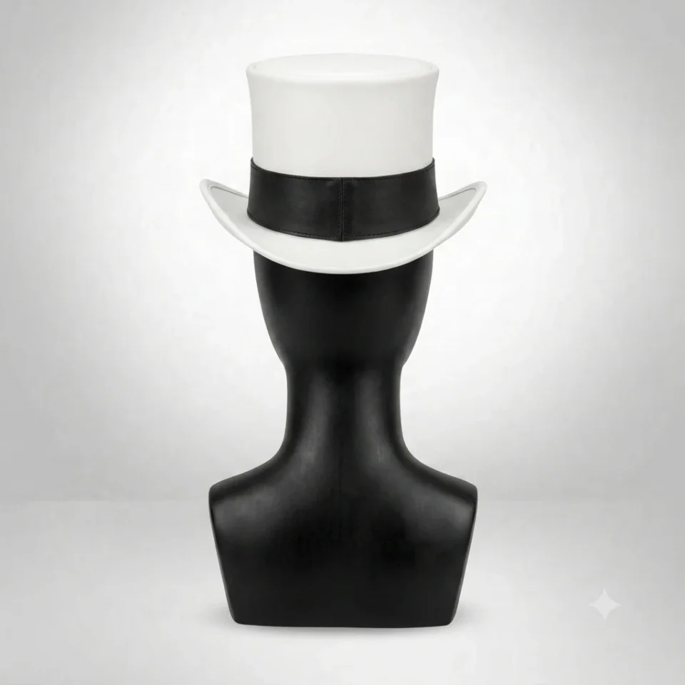 Light Neutral Handmade Leather Costume Top Hat Style 065 gallery view 08 - light neutral costume top hat with structured crown