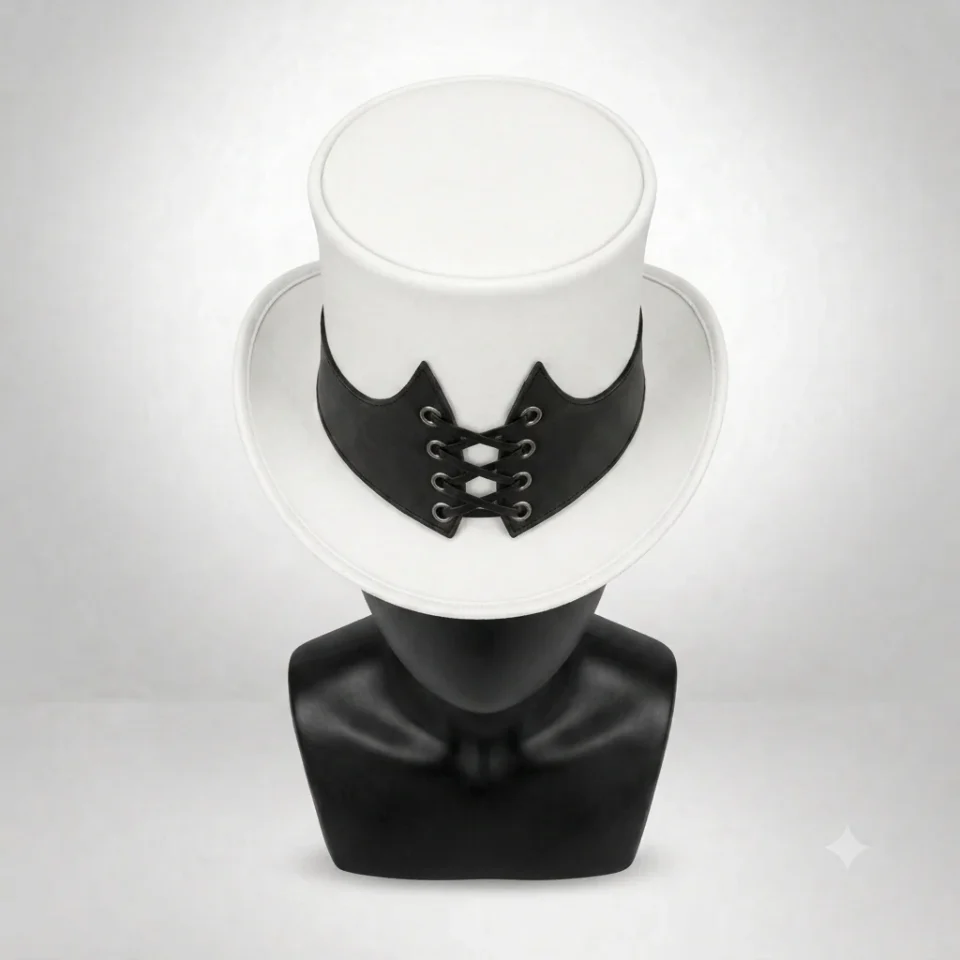 Light Neutral Handmade Leather Costume Top Hat Style 065 side view - light neutral costume top hat with structured crown