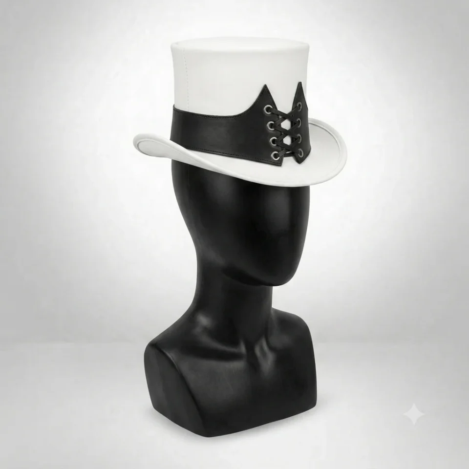 Light Neutral Handmade Leather Costume Top Hat Style 065 three quarter view - light neutral costume top hat with structured crown