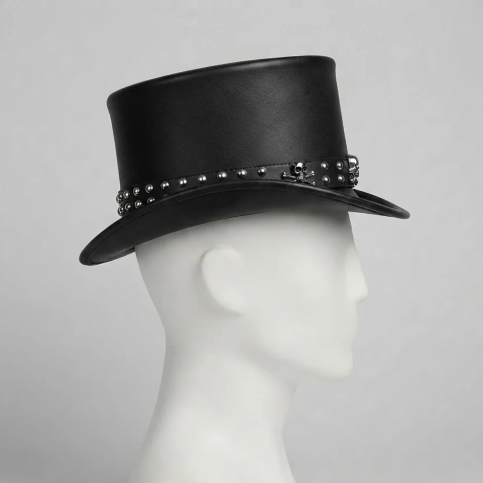 Light Neutral Handmade Leather Costume Top Hat Style 074 back view - light neutral costume top hat with structured crown