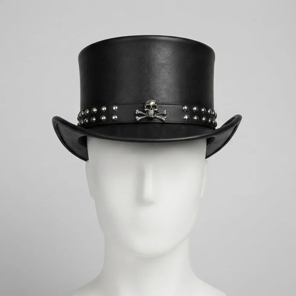Light Neutral Handmade Leather Costume Top Hat Style 074 front view - light neutral costume top hat with structured crown