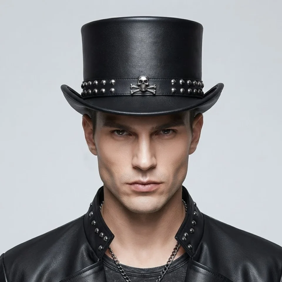 Light Neutral Handmade Leather Costume Top Hat Style 074 side view - light neutral costume top hat with structured crown