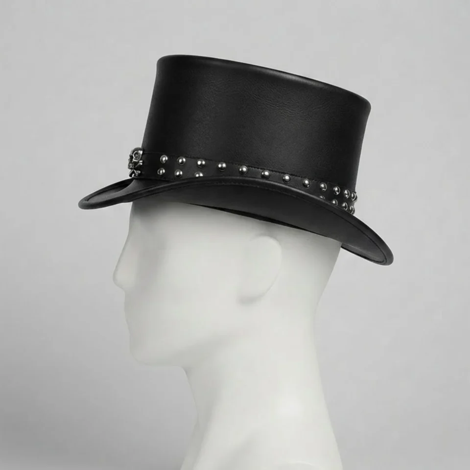 Light Neutral Handmade Leather Costume Top Hat Style 074 three quarter view - light neutral costume top hat with structured crown