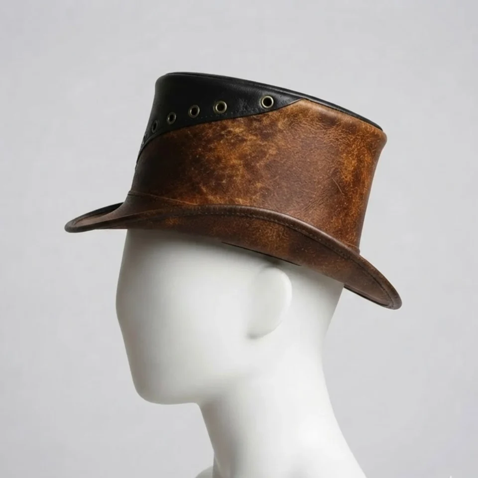 Light Neutral Handmade Leather Costume Top Hat Style 077 back view - light neutral costume top hat with structured crown